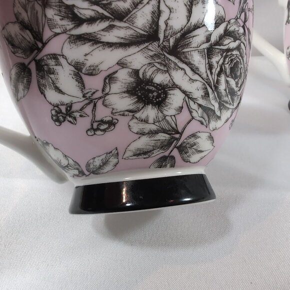Portobello by Inspire Floral Mug Rose Pink Border Butterfly Black 2 Set Pedestal - Picture 4 of 13